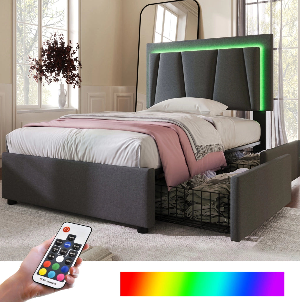 Letto singolo 90x200 cm con LED, 2 cassetti e materasso