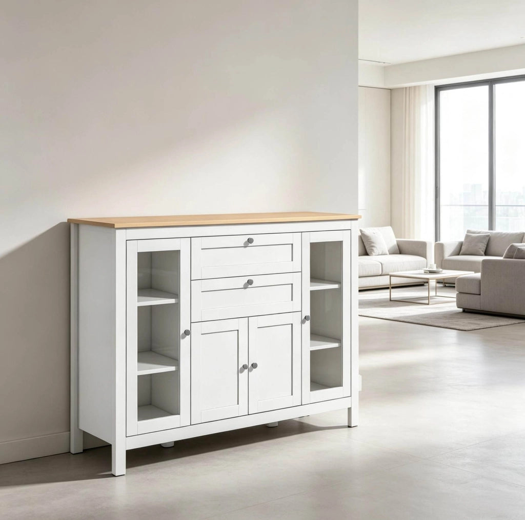 SIDEBOARD 120x40x90 cm in MDF Bianco e Legno Chiaro con 2 Cassetti