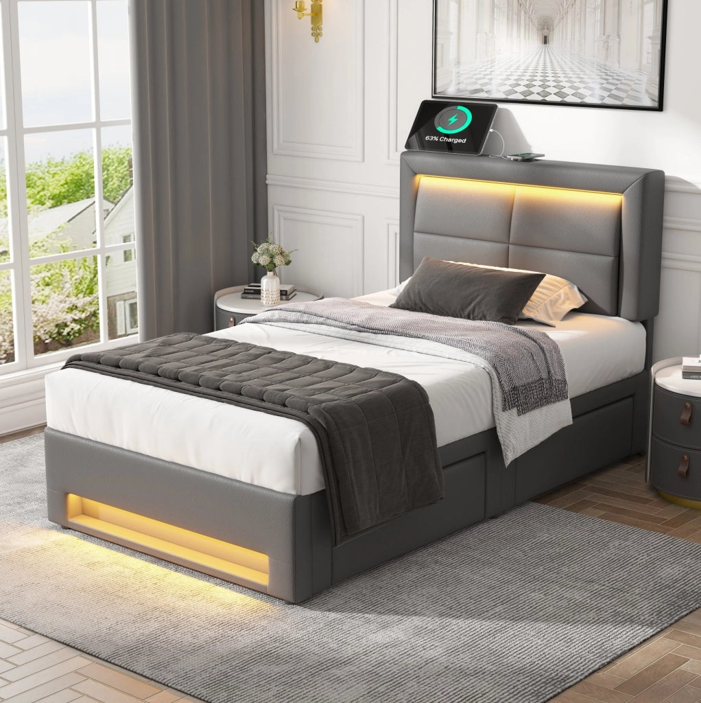 Letto imbottito singolo 90x200 cm con LED, USB e 4 cassetti