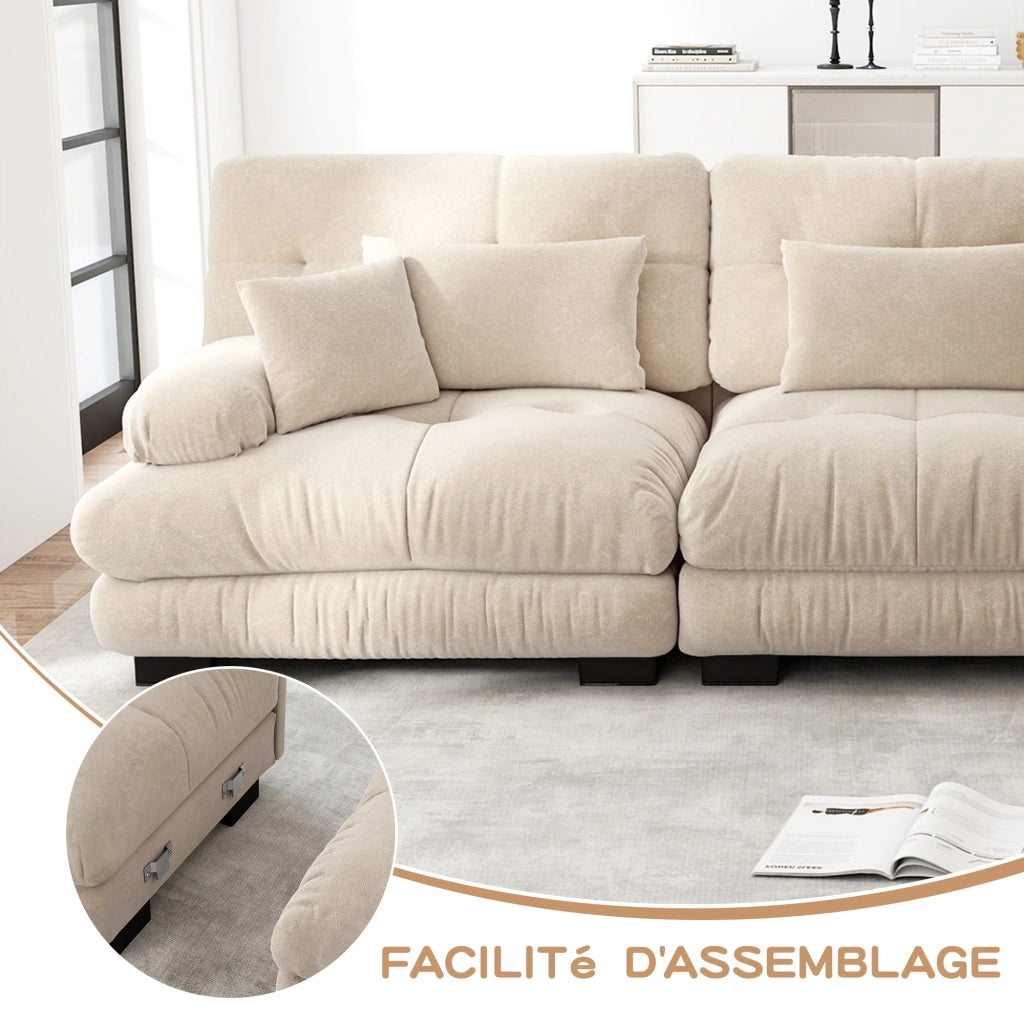 Divano d'angolo 313 x 145 cm, 3 posti a U, 2 pouf, ciniglia marrone chiaro, salotto