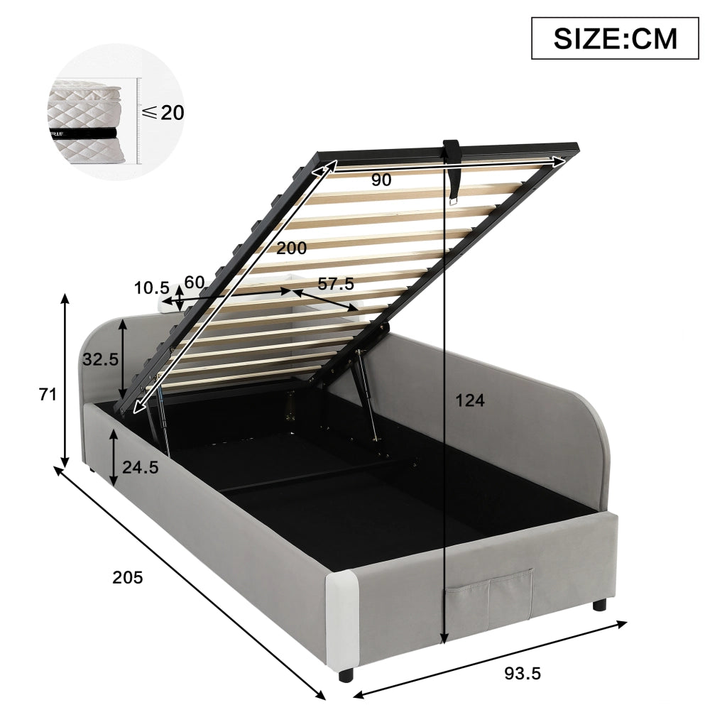 Letto singolo contenitore 90x200 cm in velluto grigio e bianco; sollevamento idraulico e sponda destra per cameretta