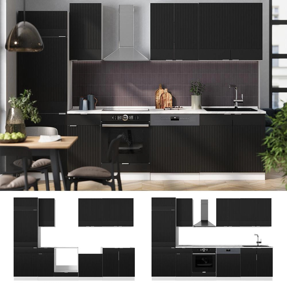 Cucina componibile Fame-Line Nero rigato/Bianco 300 cm, PL Marmo Vicco
