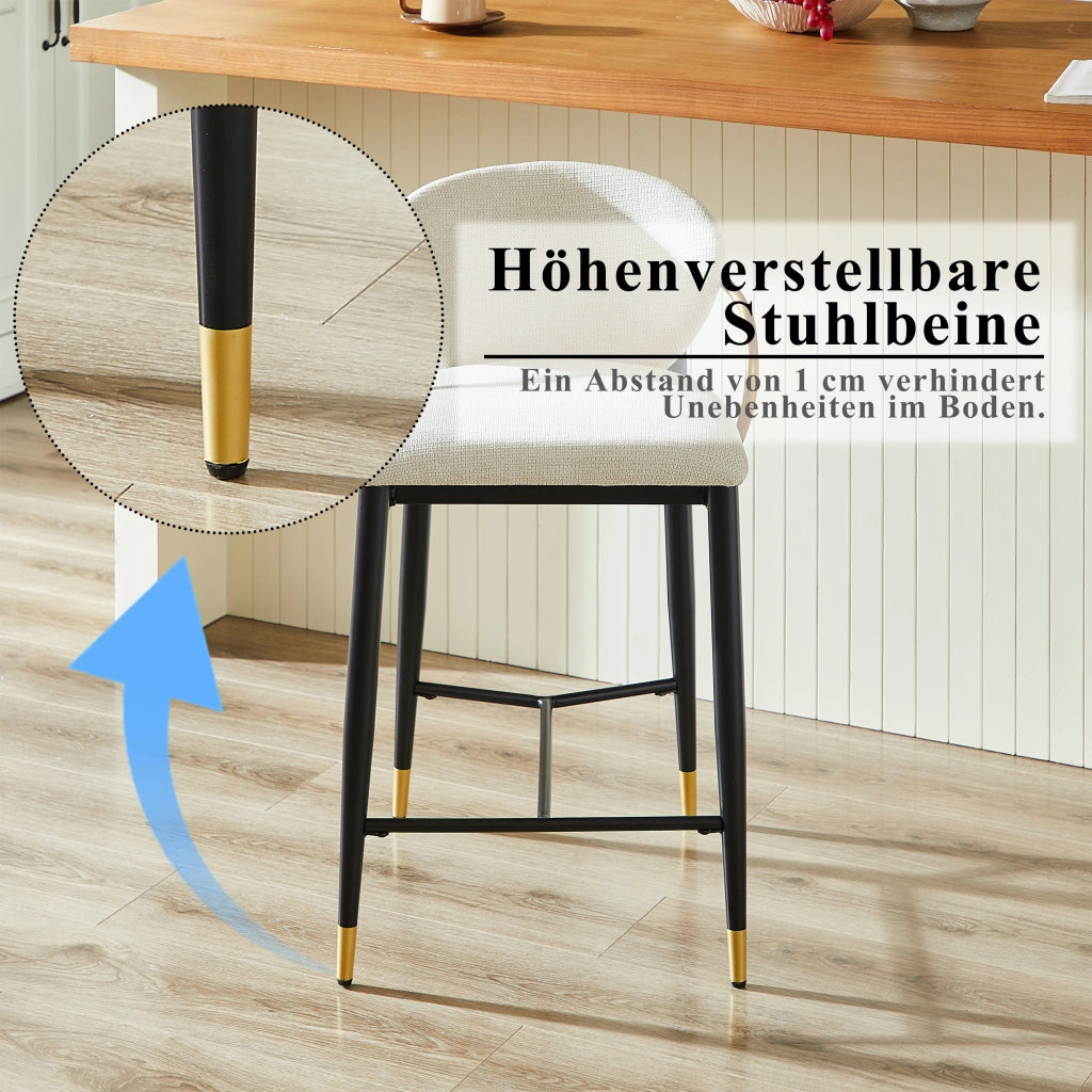 Sgabello da bar set di 2 con schienale e poggiapiedi, piedini regolabili, in tessuto chenille beige nero oro