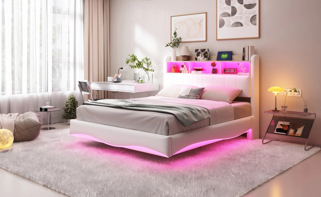 Letto imbottito sospeso 140x200 cm in tessuto di lino beige con luci LED, porte USB e Type-C, contenitore integrato