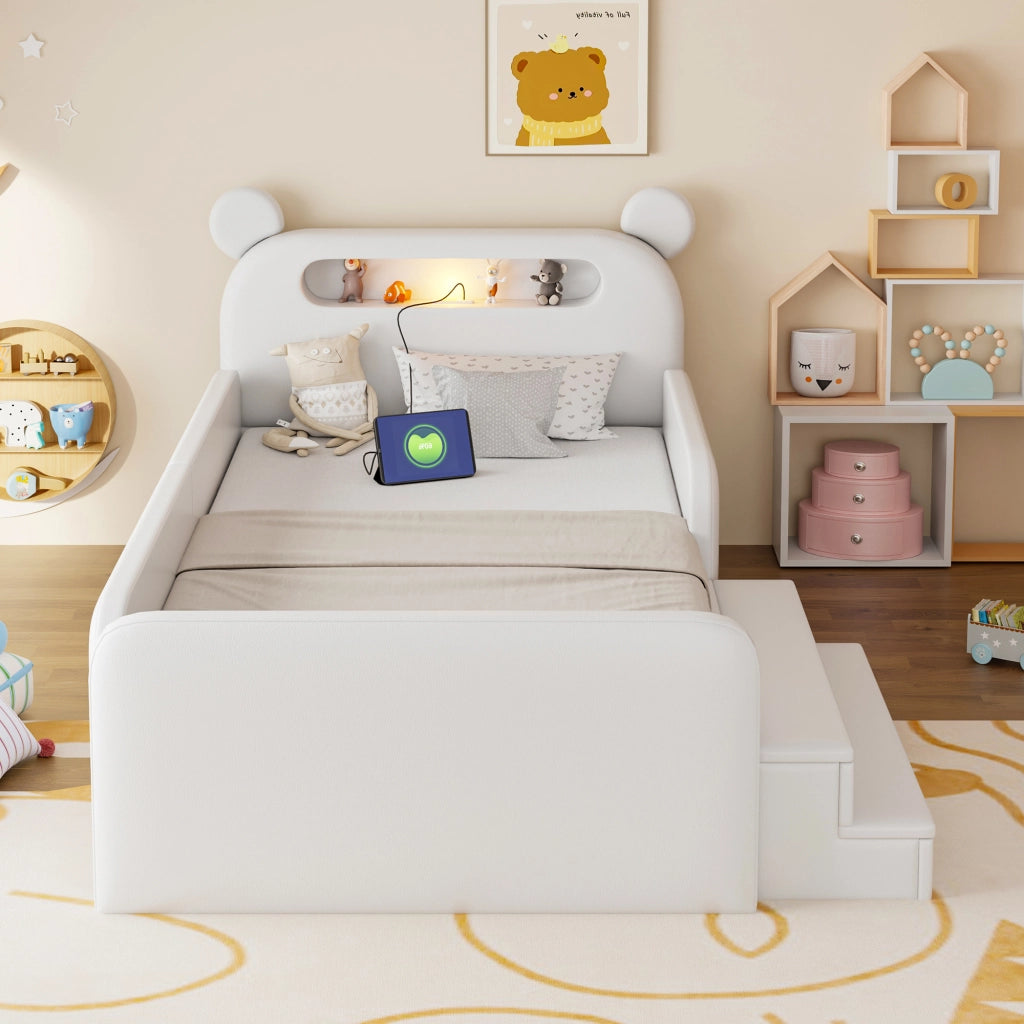Letto imbottito per bambini con testiera a orso e USB, 90x200 cm, bianco