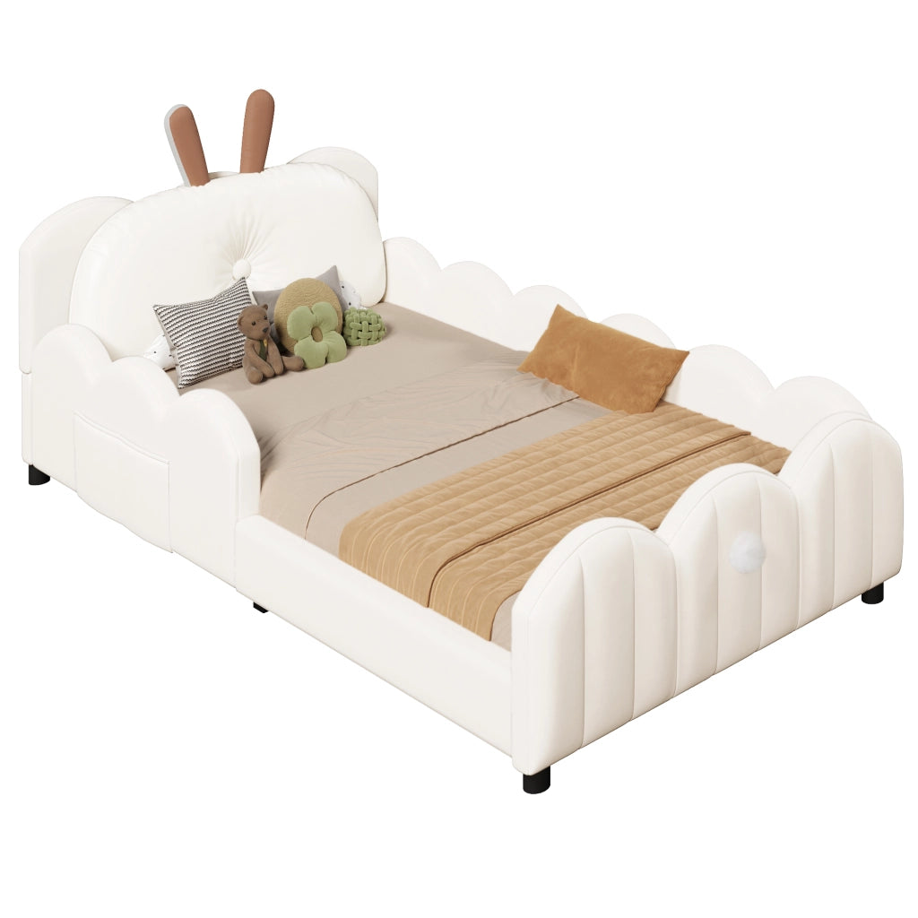 Letto imbottito 90 × 200 cm con cuscino a orecchie di coniglio e sponde continue in velluto beige