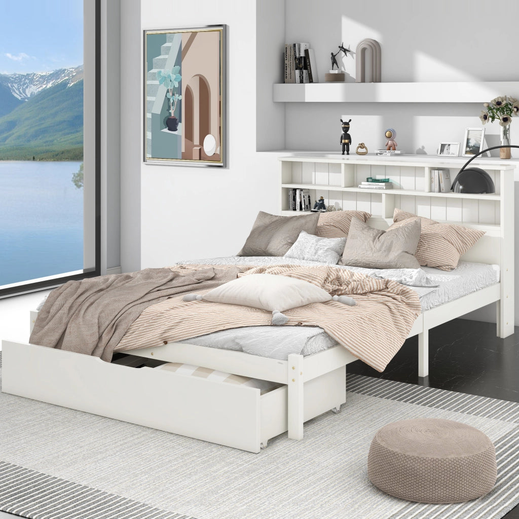 Letto matrimoniale con cassetti 140 ¡Á 200 cm in legno bianco con testiera libreria e rete a doghe