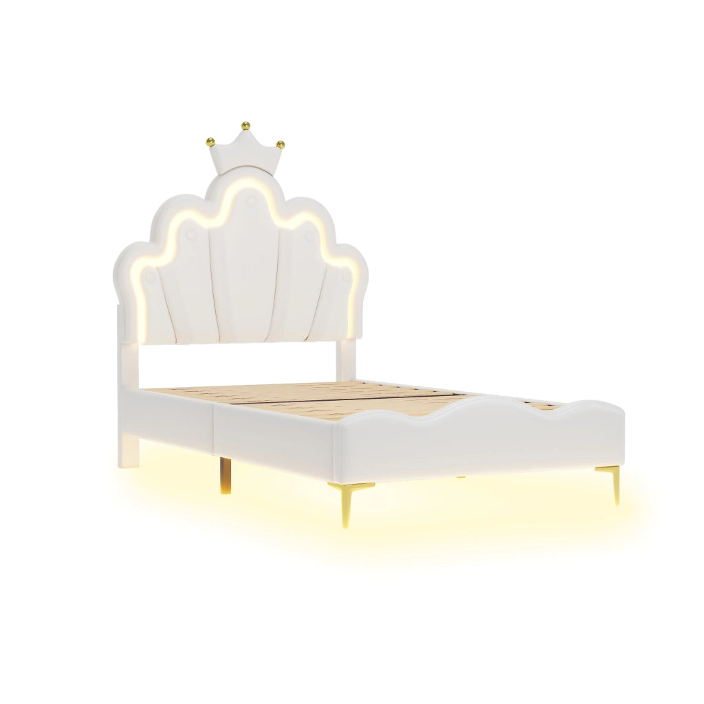 Crown Shape Princess Single Bed 90x200cm con strisce LED in PU bianca