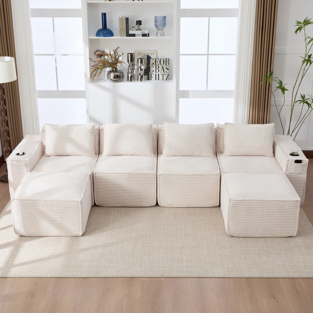 Divano modulare 330x162 cm con 2 pouf; portabevande e tasche laterali; velluto a coste beige