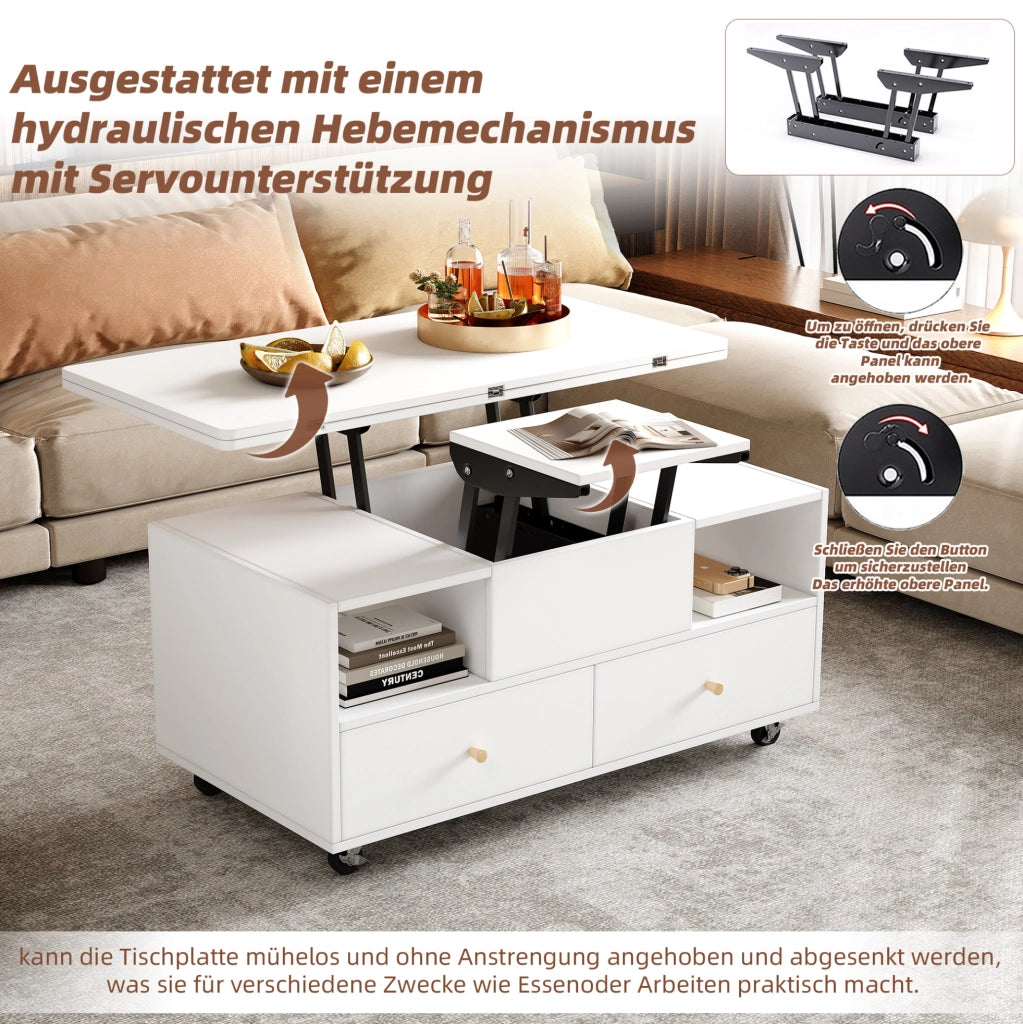 Tavolino da caffè elevabile con funzione pieghevole e 4 cassetti, bianco