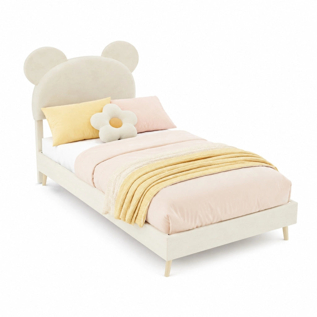 Letto 90x200 cm con contenitore pneumatico e rivestimento in tessuto beige