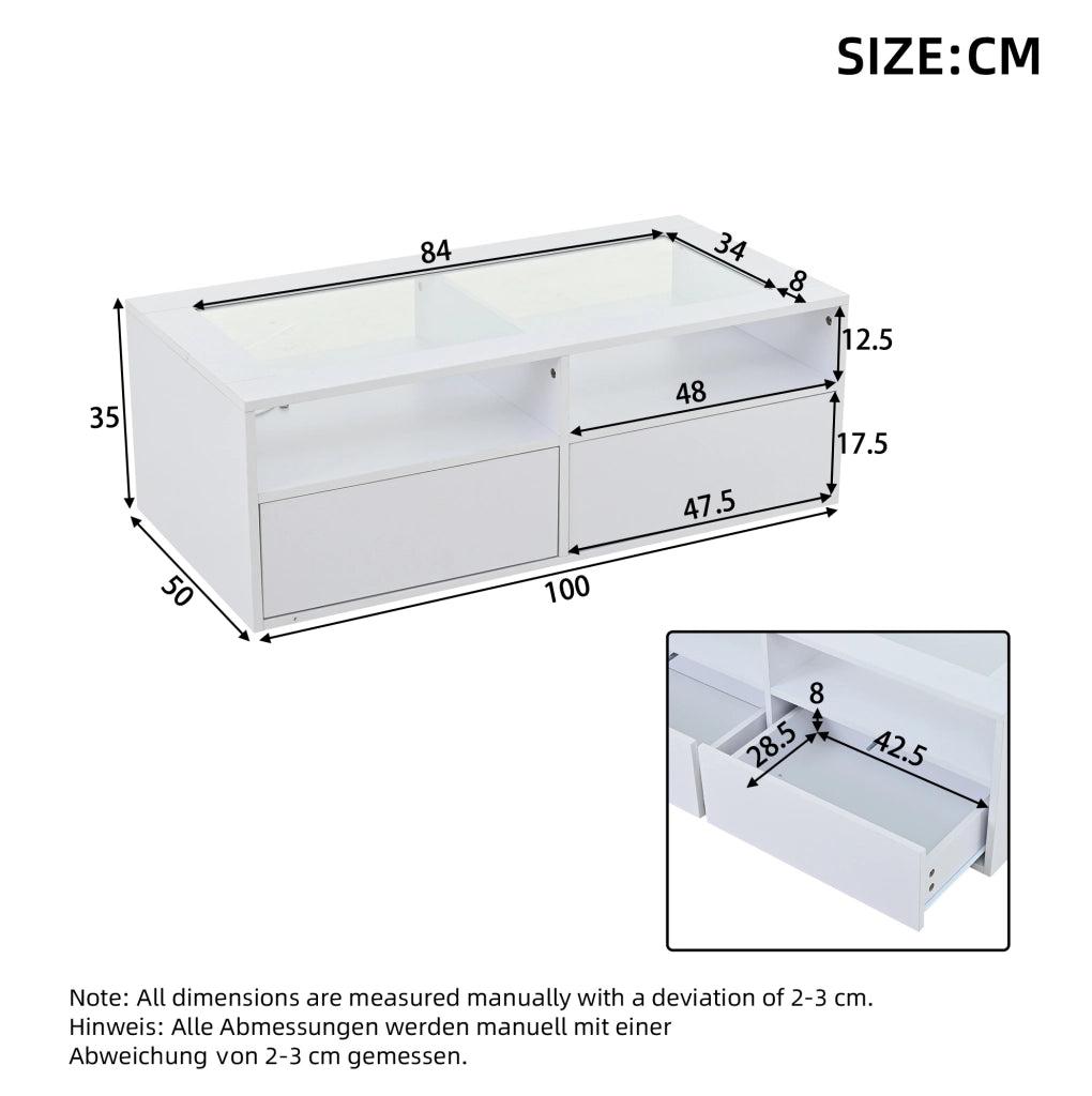 Tavolino da caffè bianco 100 x 50 x 35 cm con LED; 2 cassetti; piano in vetro temperato