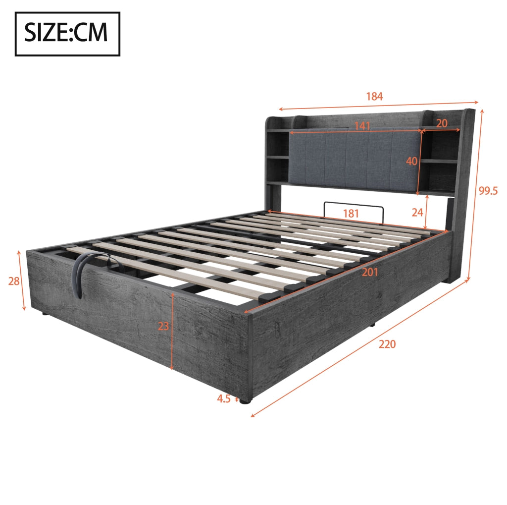 Letto matrimoniale 180x200 cm con contenitore idraulico; USB-C e MDF grigio