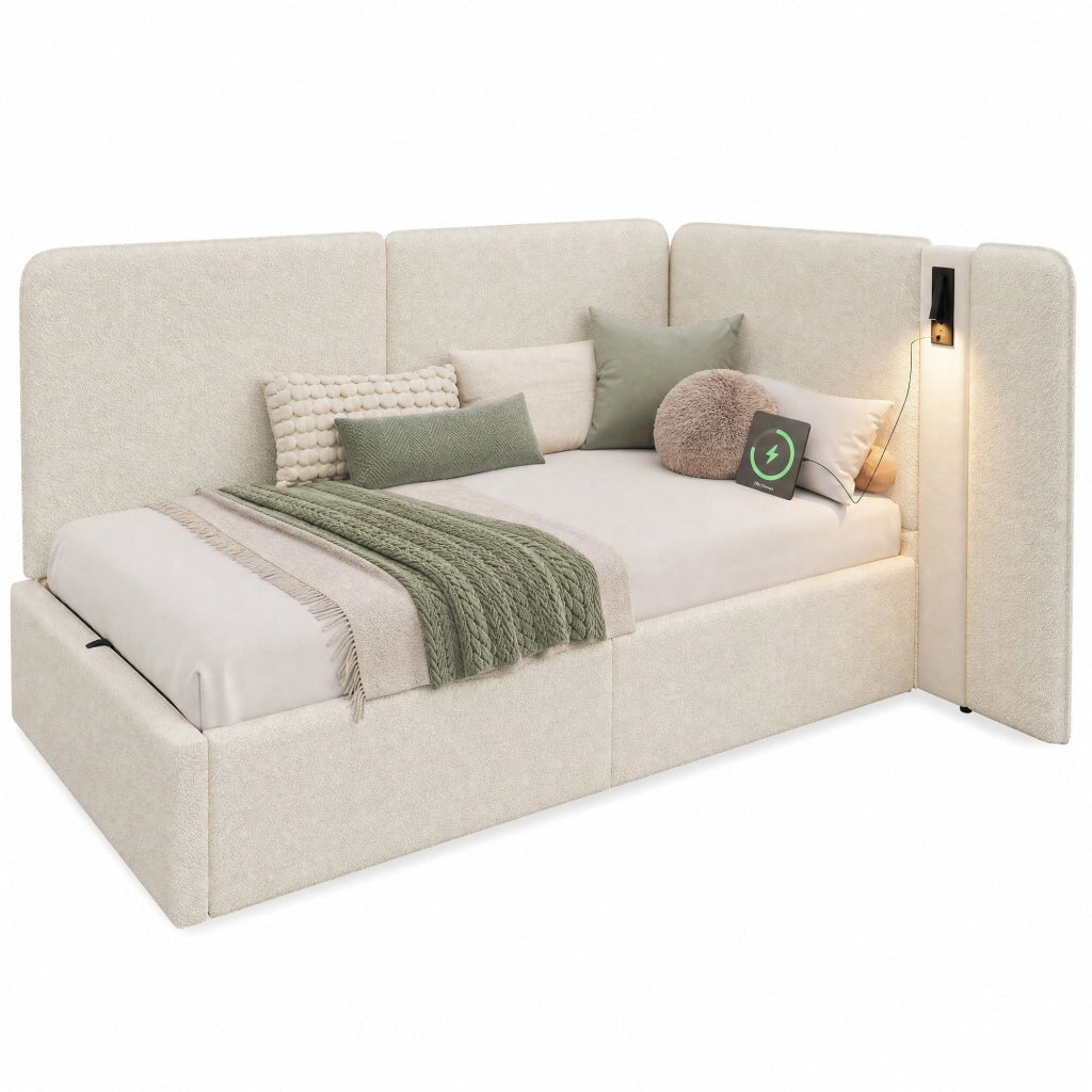 Letto imbottito bouclé beige 90 x 200 cm con vano contenitore e luce