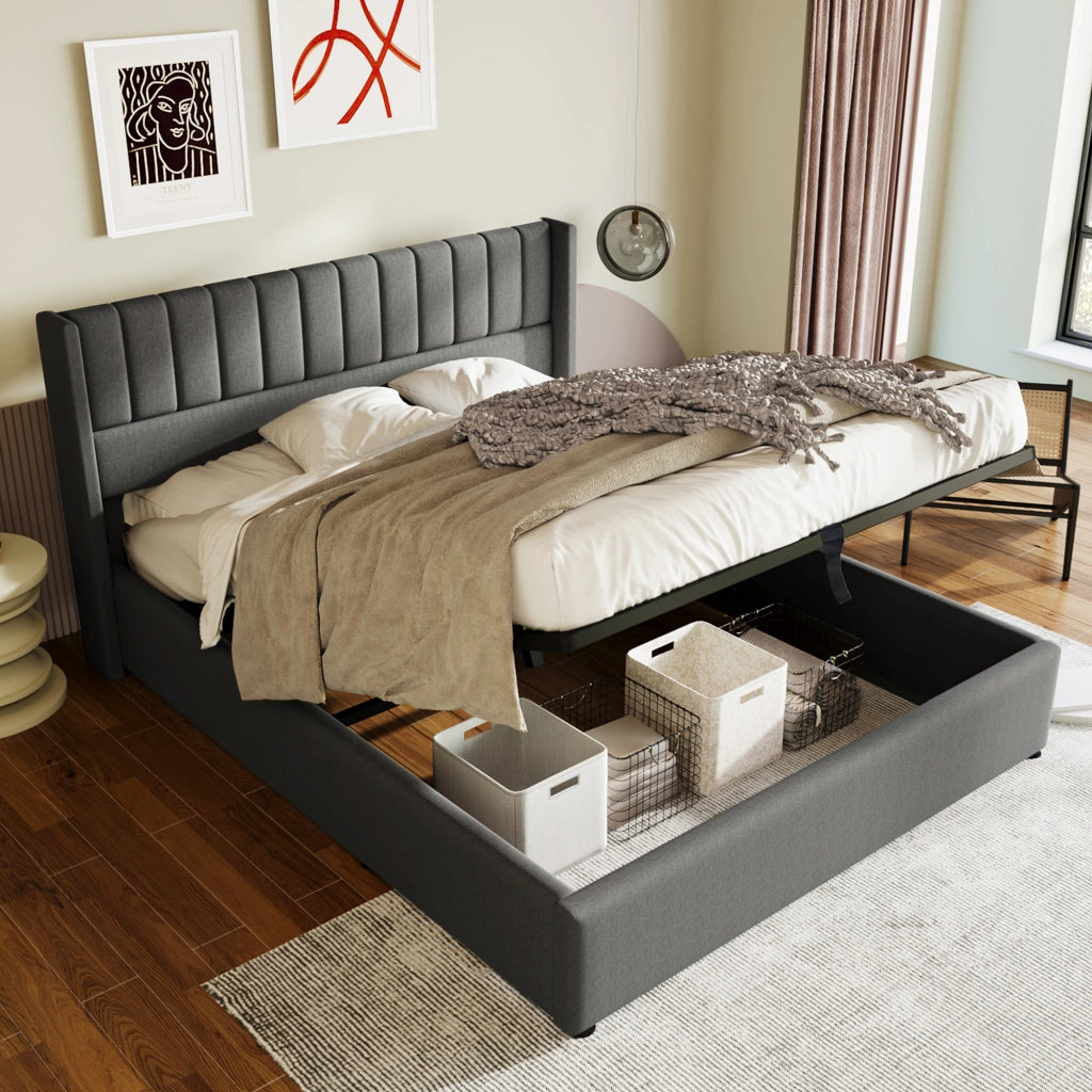 Letto contenitore imbottito idraulico matrimoniale 160x200 cm, rete a doghe in legno su telaio in metallo, lino, grigio
