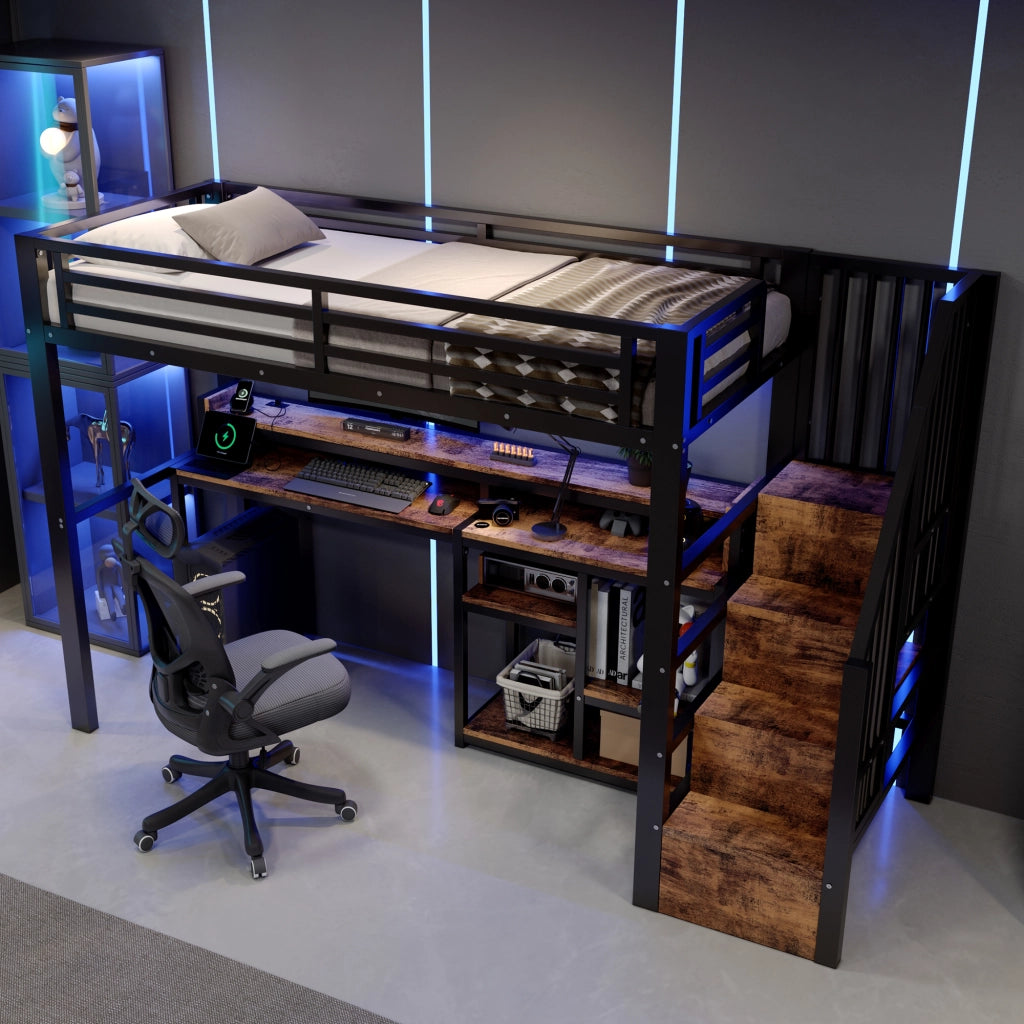 Letto a soppalco 90 × 200 cm con armadio scala; ripiani; LED; USB e USB-C in metallo e MDF nero