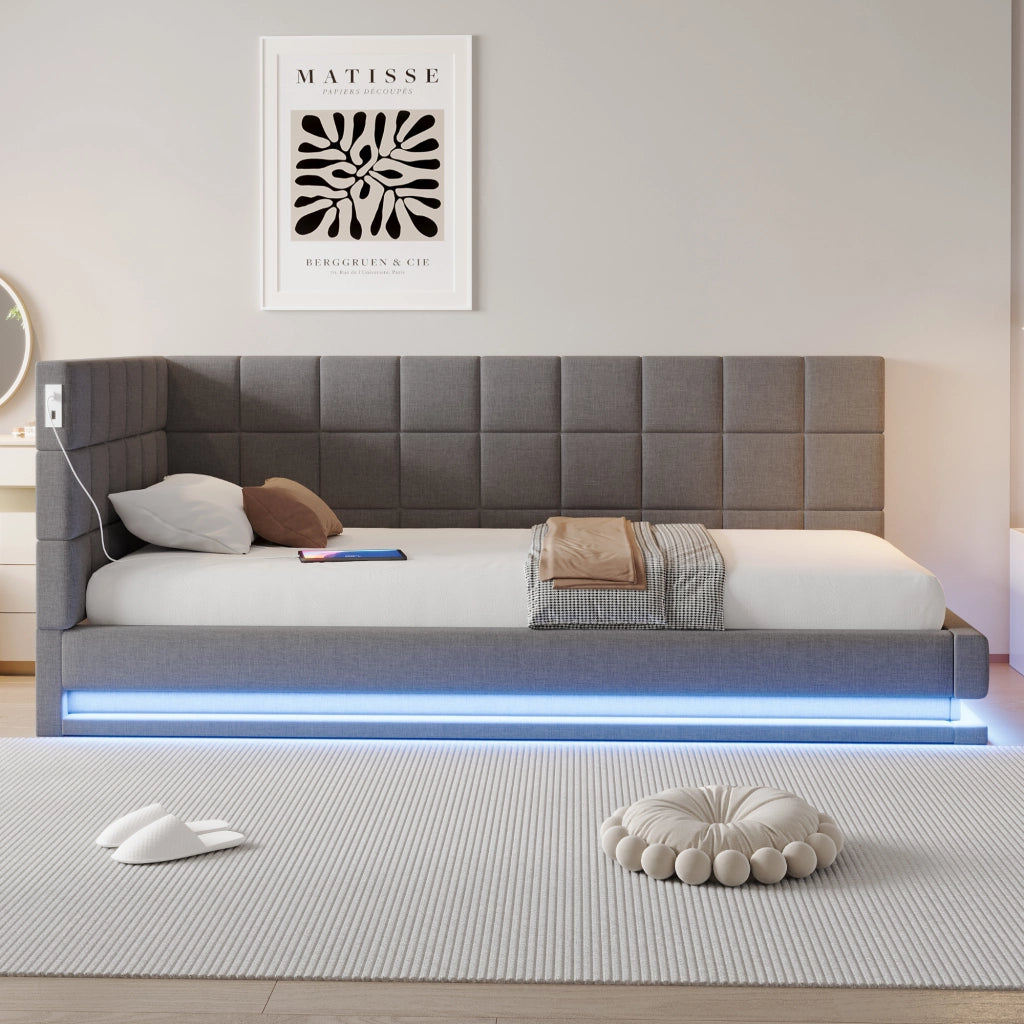Divano letto 90 x 200 cm con LED multicolore via smartphone e USB, letto multifunzione in lino grigio con rete a doghe