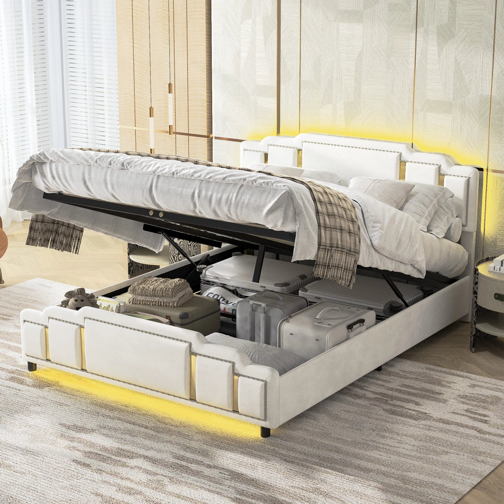 Letto matrimoniale contenitore idraulico 160x200 cm in velluto beige con LED