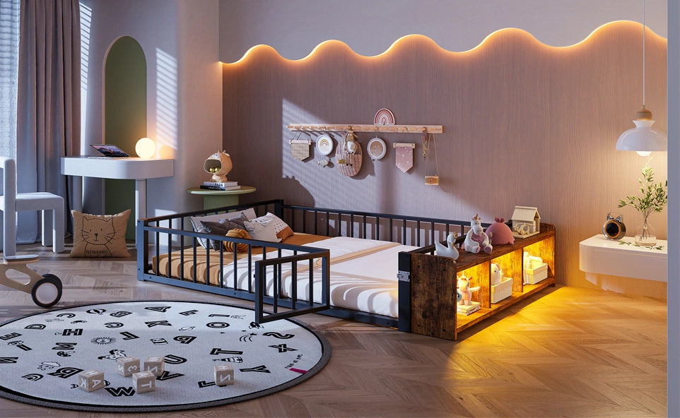 Letto singolo in metallo 140 x 200 cm con spondina di sicurezza e LED, colore nero