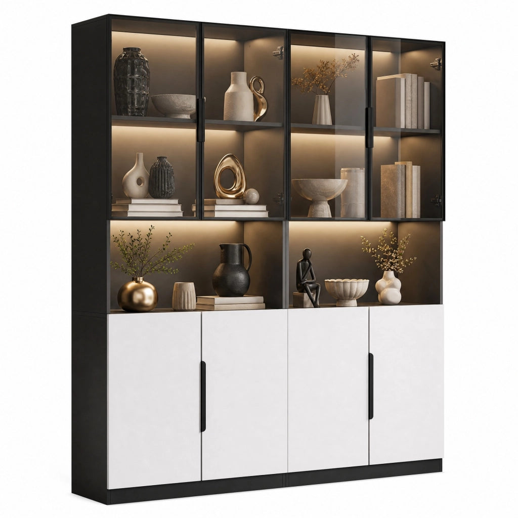 Vetrina alta in legno 80x30x200 cm bianca e nera con LED e contenitore