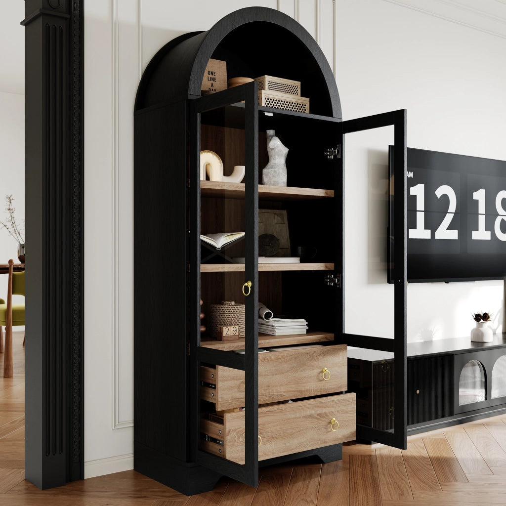 Credenza per cucina con ante in vetro trasparente; ripiani regolabili e 2 cassetti nera 76.2 × 40.1 × 180 cm