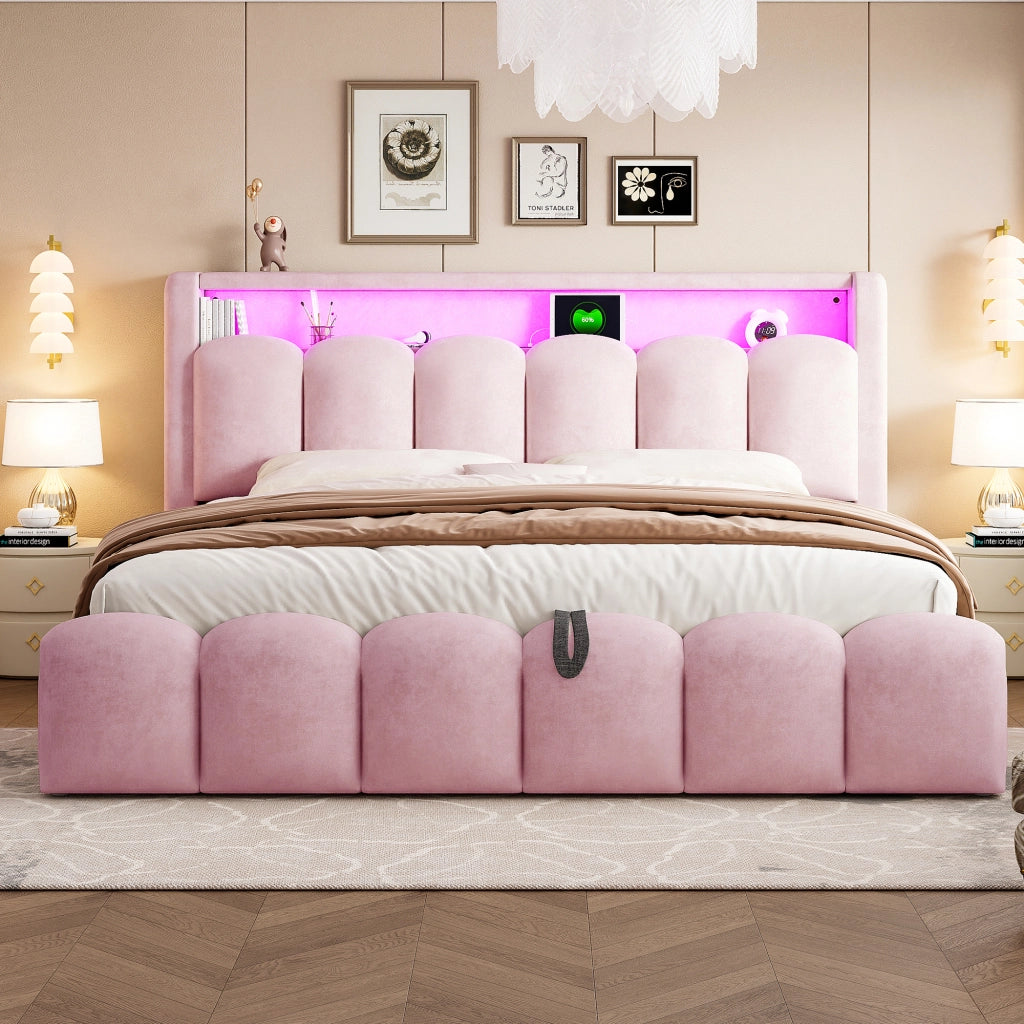 Letto matrimoniale 180 × 200 cm con contenitore idraulico; LED; USB e porta Type-C; senza materasso; rosa