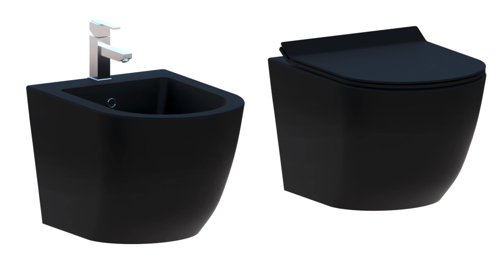 Coppia Sanitari Sospesi Rimless Senza Brida Serie  New Bent Nero Opaco Coprivaso Soft-Close Incluso