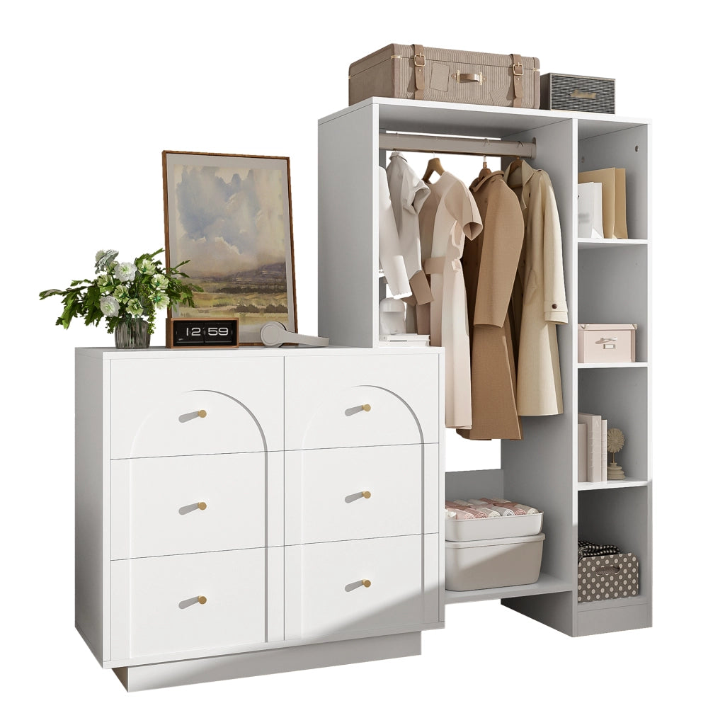 Armadio 139x35x133 cm con barra appendiabiti e 6 cassetti in pannello di particelle bianco