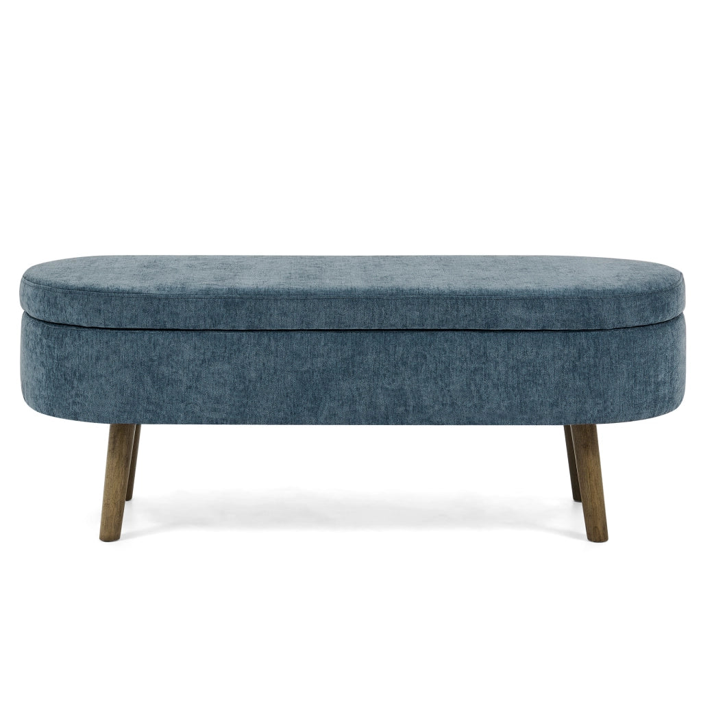 Panca contenitore in tessuto ciniglia blu con struttura in legno massello, 110x40x42 cm, 20L capacità, ideale per soggiorno e ingresso