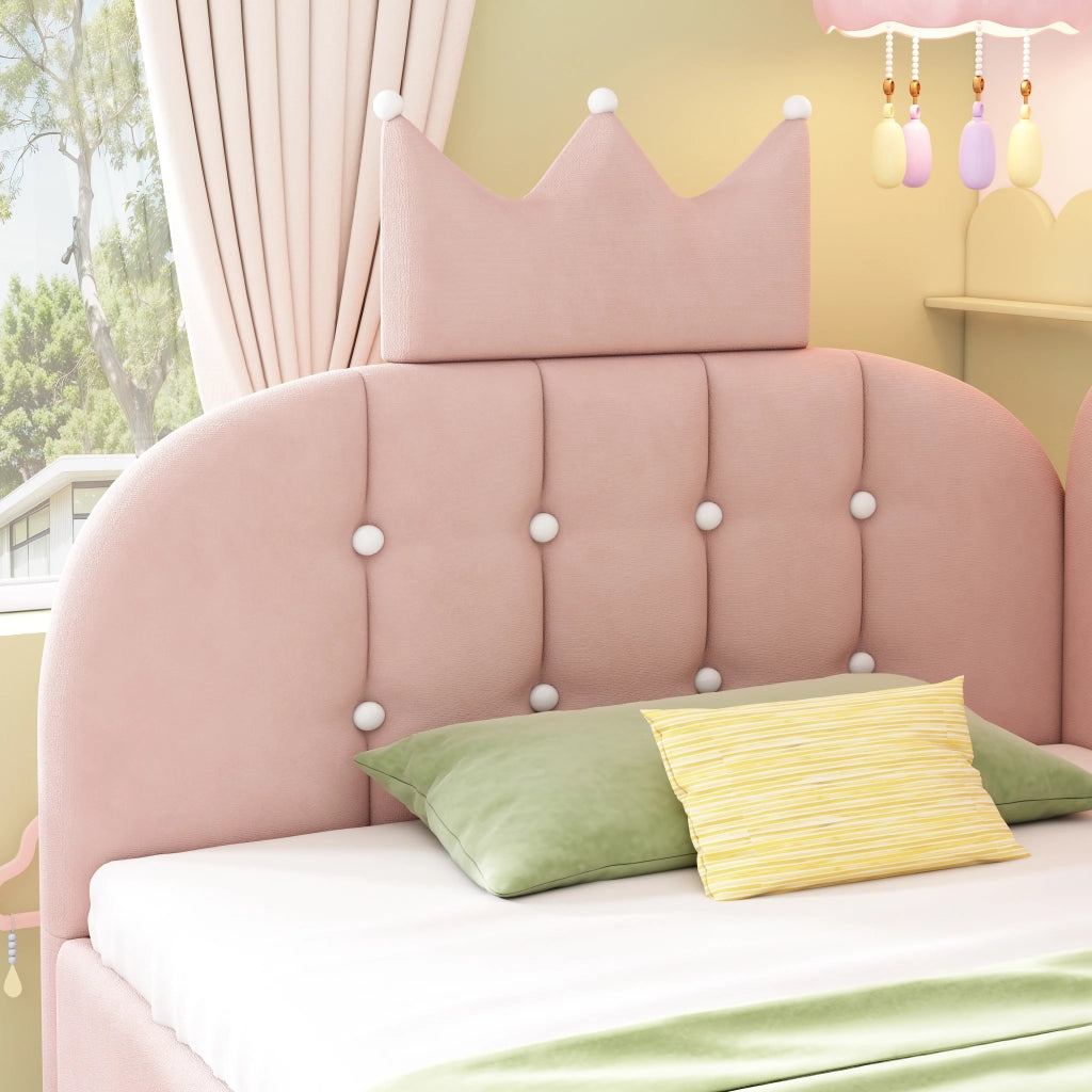Letto singolo a divano 90 × 200 cm con contenitore idraulico in velluto rosa design corona e griglia