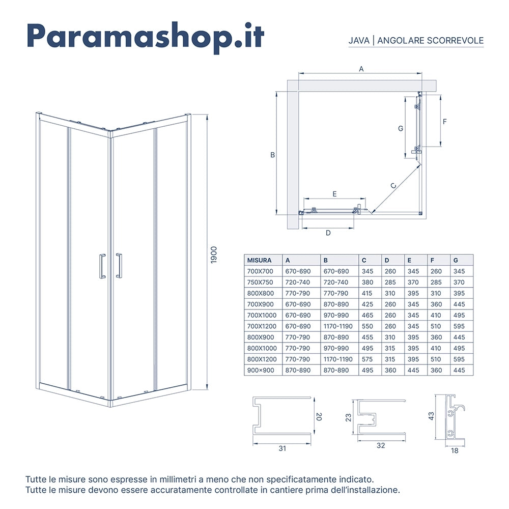 Box doccia 70x120 cm apertura scorrevole cristallo 6mm trasparente | Java