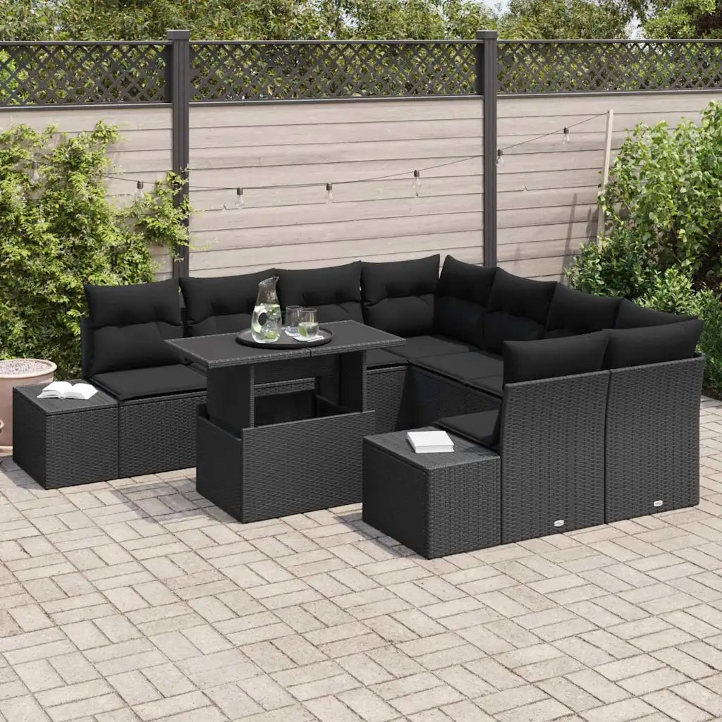 Set Divano da Giardino con cuscino 9 pcs Nero polyrattan