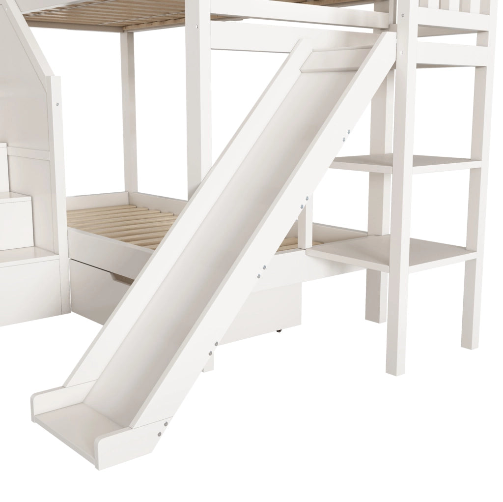 Letto a castello per bambini 90x200 cm con scivolo; scala-armadio e cassetti bianco HOMVRA