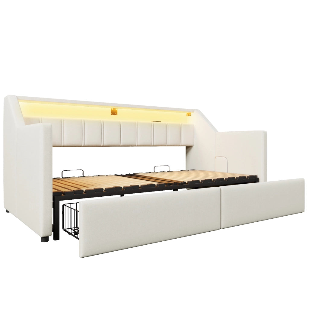 LETTO Estraibile 90x200 cm Beige in lino e MDF con USB e Type-C