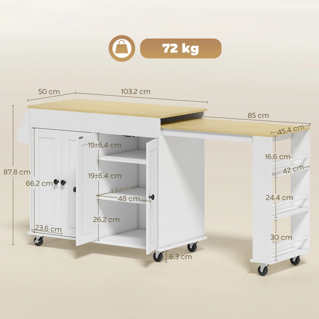 Carrello da Cucina con Ruote ¨C Xylo ¨C Piano Estraibile 4 Ante Ripiani Regolabili Portaspezie Bianco
