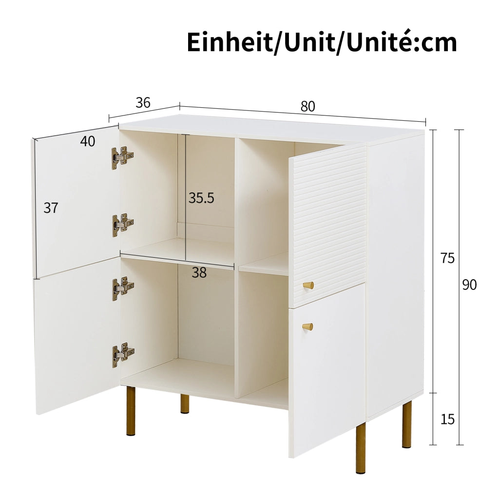 Madia con maniglie in lega di zinco e gambe in acciaio per soggiorno e ingresso; in MDF; bianco; 80×36×90 cm