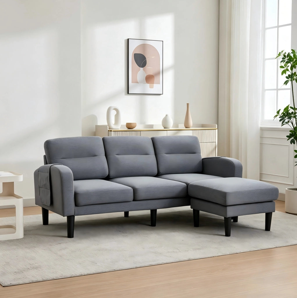 Divano angolare a L 3 posti con chaiselongue grigio 204x136x80 cm con tasche laterali e 10 piedi