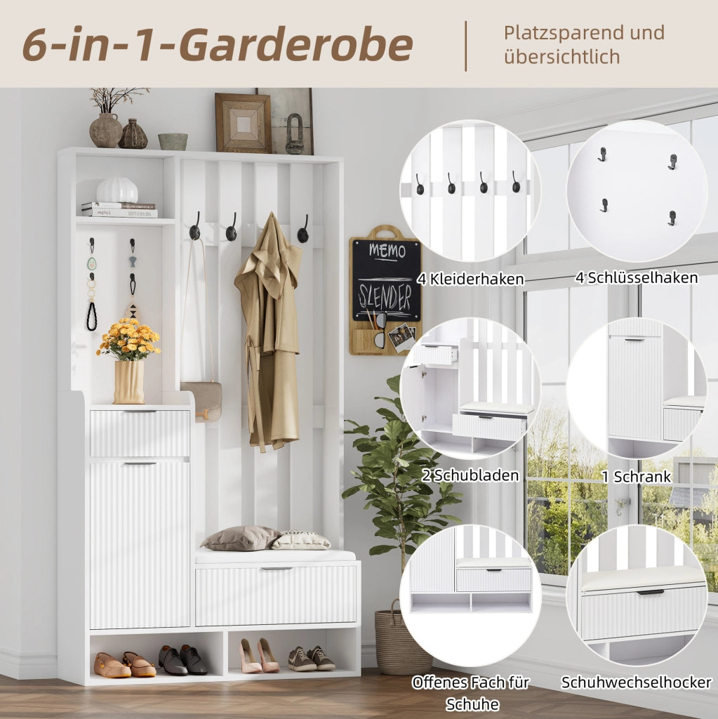 Guardaroba da ingresso 6 in 1 con panca; 8 ganci e contenitore; 100 ¡Á 30 ¡Á 180 cm; bianco
