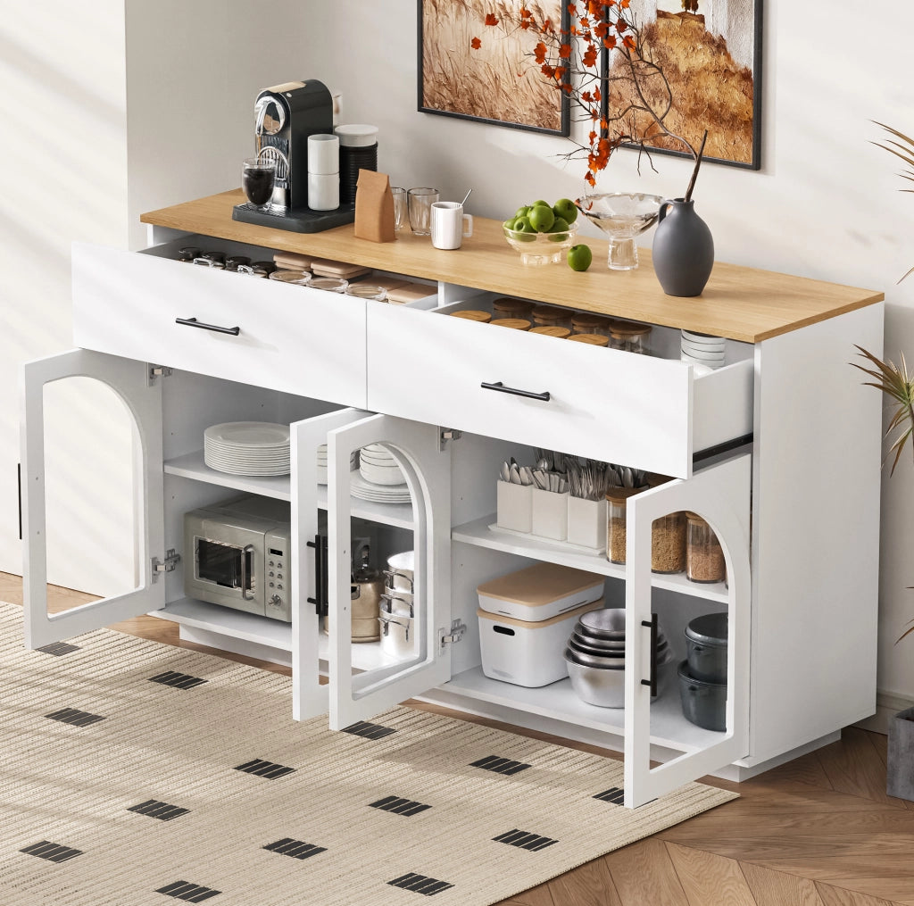 Buffet Cucina con LED, 2 Cassetti e 4 Ante, Ripiani Interni, 147x40x86 cm, Bianco