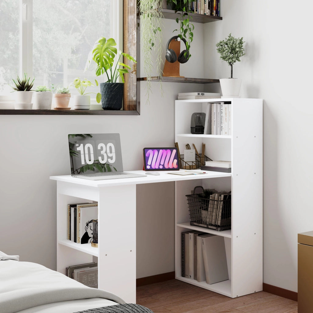 Scrivania bianca con ripiani 120x55x120 cm per ufficio e casa