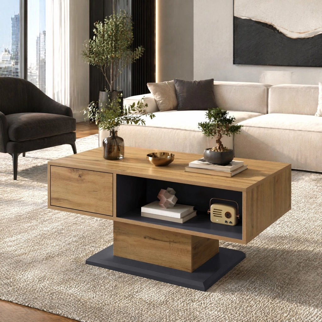 Tavolino da caff猫 moderno 100x50x46;5 cm con vano interno e ripiani; rovere e grigio