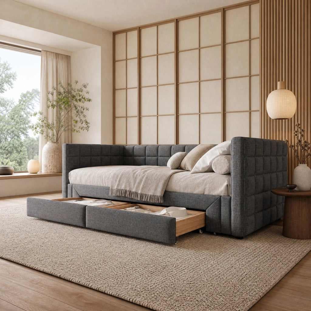 Divano letto 90 × 200 cm estraibile con 2 cassetti rivestito in velluto grigio struttura in MDF