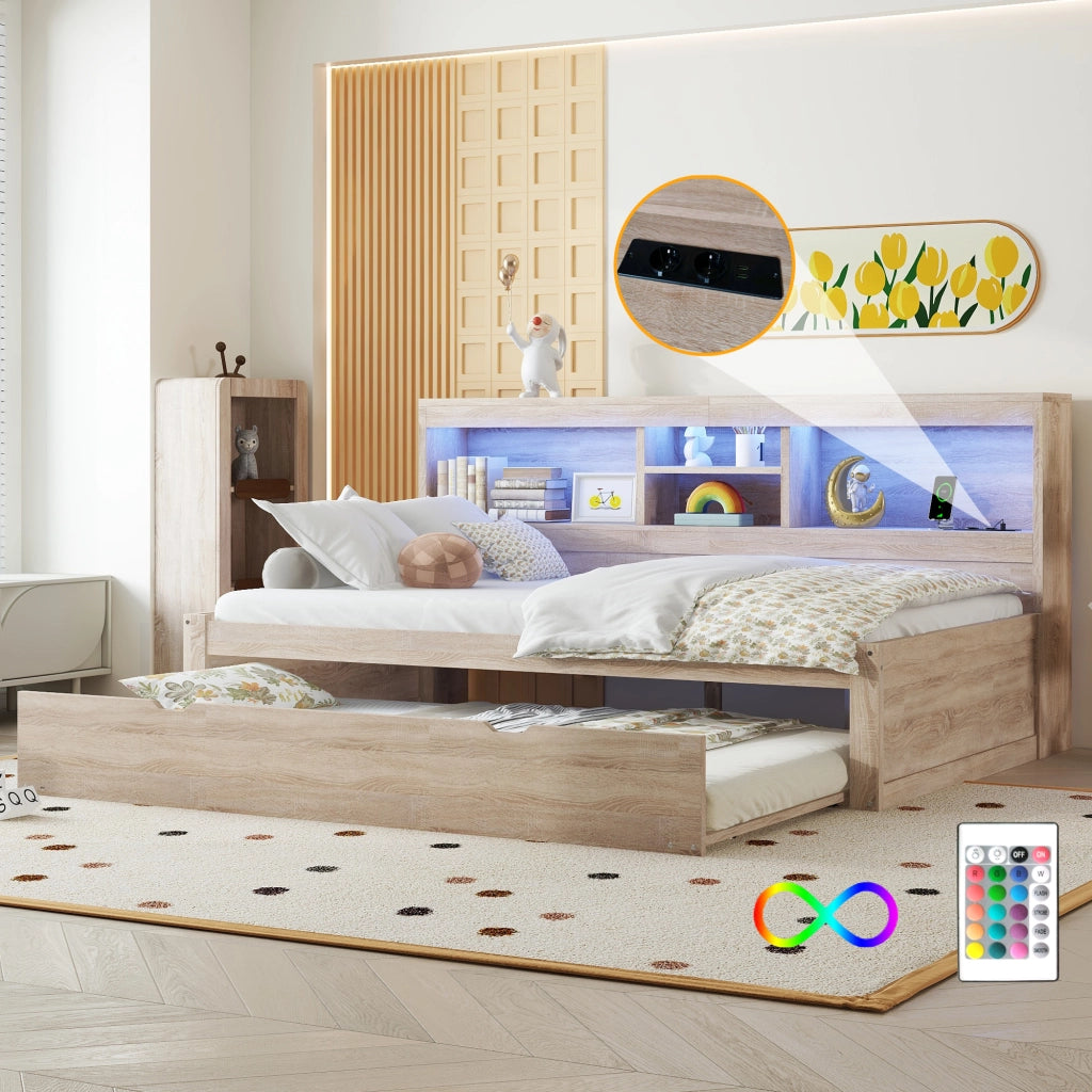 Letto estraibile singolo 90×200 cm con LED; vano laterale; prese e USB; senza materasso; naturale