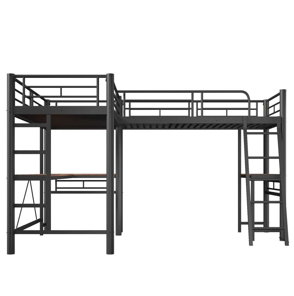 Letto a soppalco 90 x 200 cm con scrivania; scala doppia e parapetto alto; ferro e MDF; nero