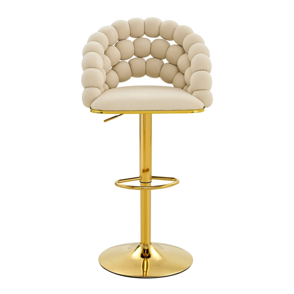Set di 2 Sgabelli da Bar in Velluto Bianco Crema, Schienale a Catena di Sfere, Base Regolabile Dorata, per Isola Cucina, Home Bar e Zona Pranzo