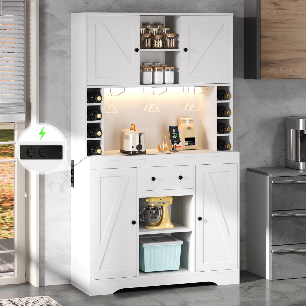 Credenza alta da cucina con LED, prese, ripiani regolabili e portabicchieri, per cucina, 105 × 40 × 180 cm