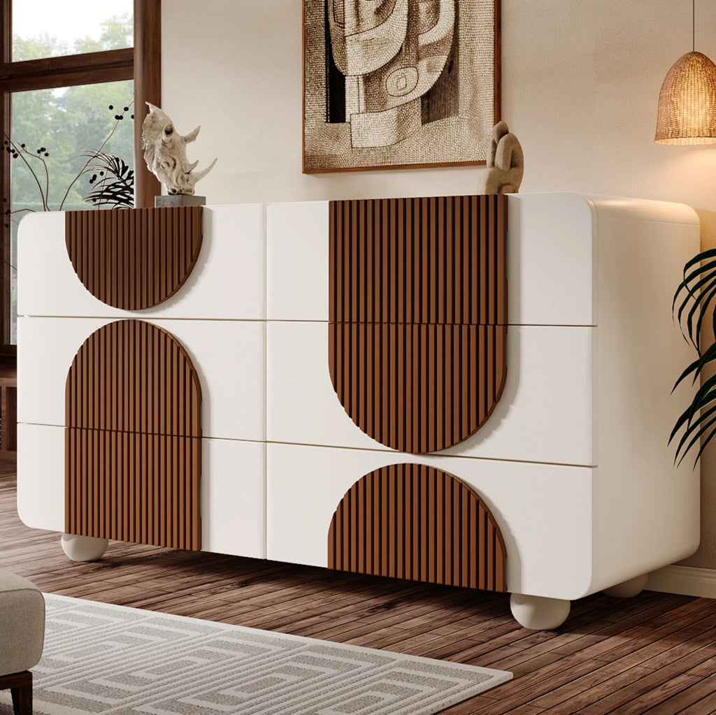Cassettiera 6 cassetti 121x41x71 cm bianca in MDF e legno massello HOMVRA