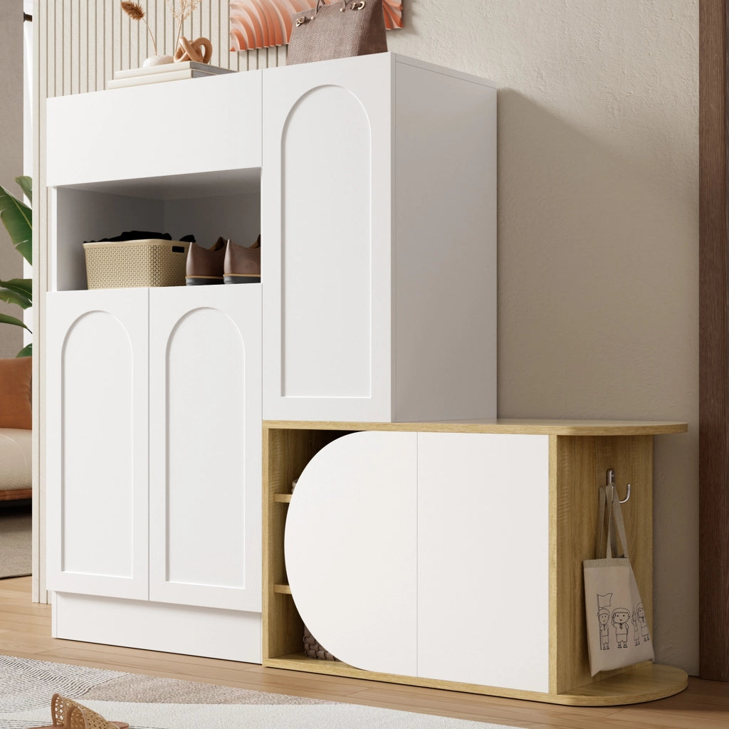 Scarpiera, mobile da ingresso, con seduta, cassetti, ripiani aperti, 130 x 35 x 110,5 cm, bianco e color legno naturale