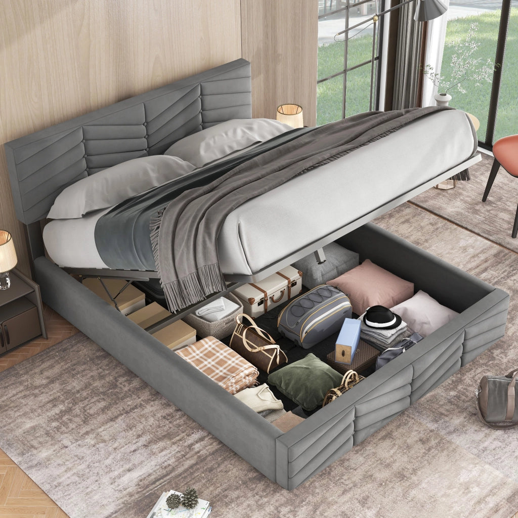 Letto contenitore 140 × 190 cm con testiera regolabile rivestito in velluto grigio con rete a doghe
