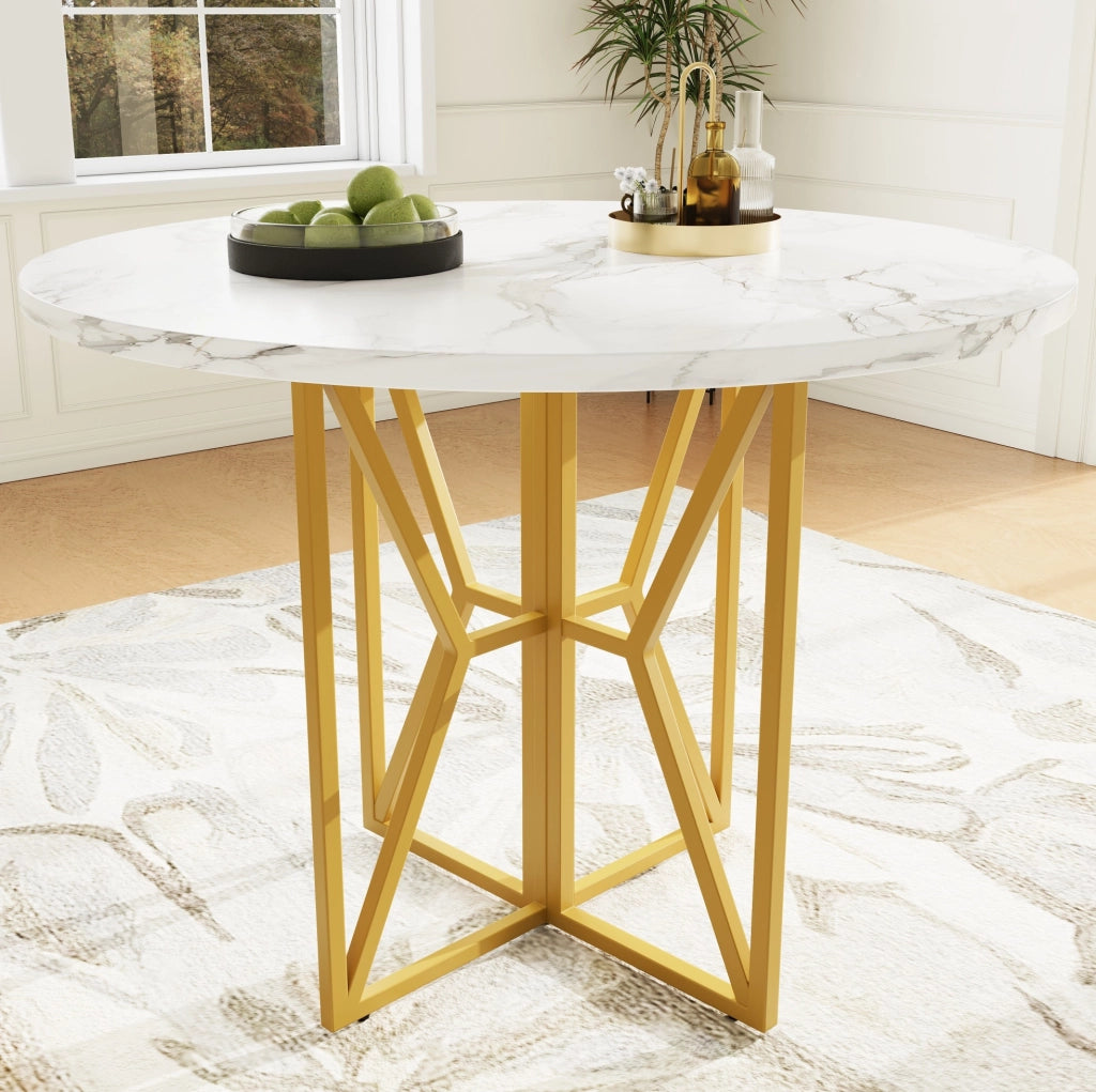 Tavolo rotondo 80 cm MDF effetto marmo, gambe metallo dorato, 4-6 persone